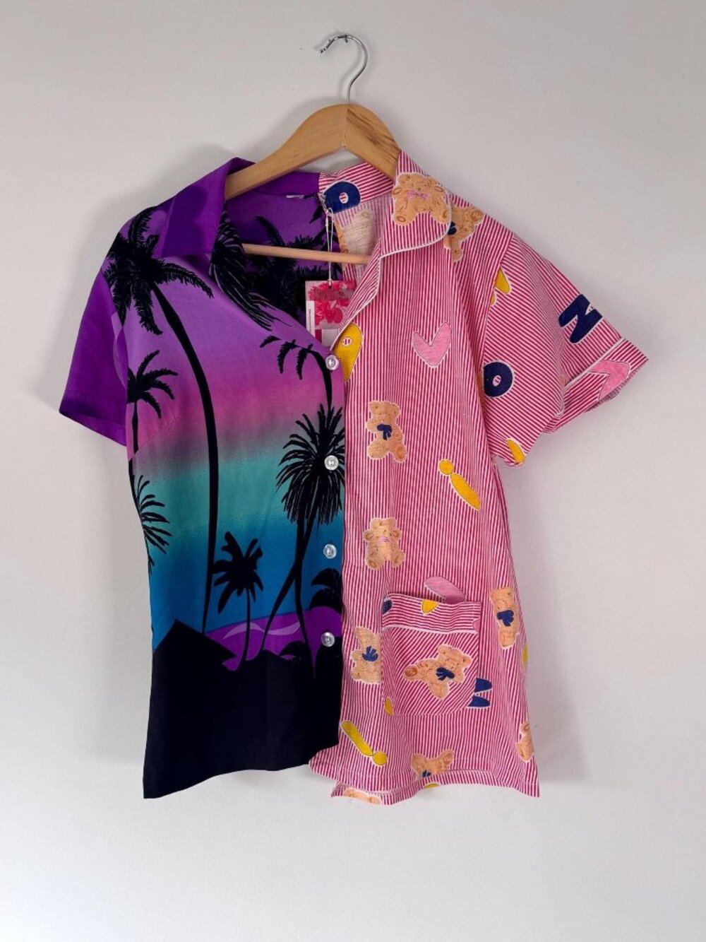 vintage reworked upcycled half and half hawaiian short sleeved button up shirt